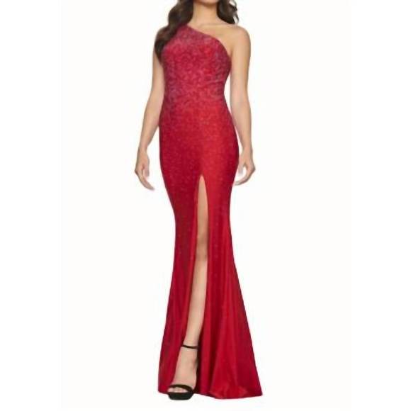 NEW FAVIANA one shoulder hot stone gown in red